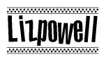 The image contains the text Lizpowell in a bold, stylized font, with a checkered flag pattern bordering the top and bottom of the text.