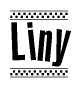 The image contains the text Liny in a bold, stylized font, with a checkered flag pattern bordering the top and bottom of the text.