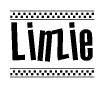 The image contains the text Linzie in a bold, stylized font, with a checkered flag pattern bordering the top and bottom of the text.