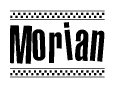 The image is a black and white clipart of the text Morian in a bold, italicized font. The text is bordered by a dotted line on the top and bottom, and there are checkered flags positioned at both ends of the text, usually associated with racing or finishing lines.