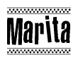 The image contains the text Marita in a bold, stylized font, with a checkered flag pattern bordering the top and bottom of the text.