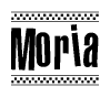 The clipart image displays the text Moria in a bold, stylized font. It is enclosed in a rectangular border with a checkerboard pattern running below and above the text, similar to a finish line in racing. 