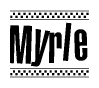 The clipart image displays the text Myrle in a bold, stylized font. It is enclosed in a rectangular border with a checkerboard pattern running below and above the text, similar to a finish line in racing. 
