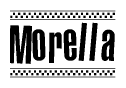 The image contains the text Morella in a bold, stylized font, with a checkered flag pattern bordering the top and bottom of the text.