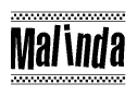 The image contains the text Malinda in a bold, stylized font, with a checkered flag pattern bordering the top and bottom of the text.
