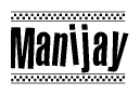The clipart image displays the text Manijay in a bold, stylized font. It is enclosed in a rectangular border with a checkerboard pattern running below and above the text, similar to a finish line in racing. 