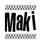 The clipart image displays the text Maki in a bold, stylized font. It is enclosed in a rectangular border with a checkerboard pattern running below and above the text, similar to a finish line in racing. 