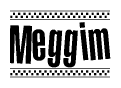 The image contains the text Meggim in a bold, stylized font, with a checkered flag pattern bordering the top and bottom of the text.