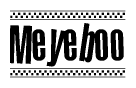 The image contains the text Meyeboo in a bold, stylized font, with a checkered flag pattern bordering the top and bottom of the text.