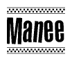 The clipart image displays the text Manee in a bold, stylized font. It is enclosed in a rectangular border with a checkerboard pattern running below and above the text, similar to a finish line in racing. 