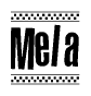 The image is a black and white clipart of the text Mela in a bold, italicized font. The text is bordered by a dotted line on the top and bottom, and there are checkered flags positioned at both ends of the text, usually associated with racing or finishing lines.
