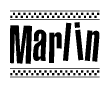The image is a black and white clipart of the text Marlin in a bold, italicized font. The text is bordered by a dotted line on the top and bottom, and there are checkered flags positioned at both ends of the text, usually associated with racing or finishing lines.