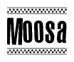 The image is a black and white clipart of the text Moosa in a bold, italicized font. The text is bordered by a dotted line on the top and bottom, and there are checkered flags positioned at both ends of the text, usually associated with racing or finishing lines.