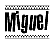 The clipart image displays the text Miguel in a bold, stylized font. It is enclosed in a rectangular border with a checkerboard pattern running below and above the text, similar to a finish line in racing. 