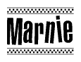 The image is a black and white clipart of the text Marnie in a bold, italicized font. The text is bordered by a dotted line on the top and bottom, and there are checkered flags positioned at both ends of the text, usually associated with racing or finishing lines.