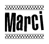 The image is a black and white clipart of the text Marci in a bold, italicized font. The text is bordered by a dotted line on the top and bottom, and there are checkered flags positioned at both ends of the text, usually associated with racing or finishing lines.