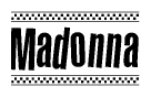 The image contains the text Madonna in a bold, stylized font, with a checkered flag pattern bordering the top and bottom of the text.