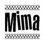 The image contains the text Mima in a bold, stylized font, with a checkered flag pattern bordering the top and bottom of the text.