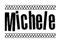 The image contains the text Michele in a bold, stylized font, with a checkered flag pattern bordering the top and bottom of the text.