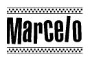 The image contains the text Marcelo in a bold, stylized font, with a checkered flag pattern bordering the top and bottom of the text.