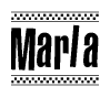 The image contains the text Marla in a bold, stylized font, with a checkered flag pattern bordering the top and bottom of the text.