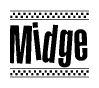 The image contains the text Midge in a bold, stylized font, with a checkered flag pattern bordering the top and bottom of the text.