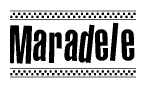 The image is a black and white clipart of the text Maradele in a bold, italicized font. The text is bordered by a dotted line on the top and bottom, and there are checkered flags positioned at both ends of the text, usually associated with racing or finishing lines.