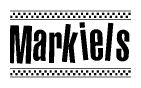 The clipart image displays the text Markiels in a bold, stylized font. It is enclosed in a rectangular border with a checkerboard pattern running below and above the text, similar to a finish line in racing. 