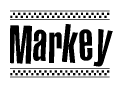 The image is a black and white clipart of the text Markey in a bold, italicized font. The text is bordered by a dotted line on the top and bottom, and there are checkered flags positioned at both ends of the text, usually associated with racing or finishing lines.