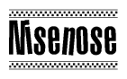 The image is a black and white clipart of the text Nisenose in a bold, italicized font. The text is bordered by a dotted line on the top and bottom, and there are checkered flags positioned at both ends of the text, usually associated with racing or finishing lines.