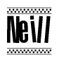 The image contains the text Neill in a bold, stylized font, with a checkered flag pattern bordering the top and bottom of the text.