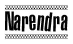The image is a black and white clipart of the text Narendra in a bold, italicized font. The text is bordered by a dotted line on the top and bottom, and there are checkered flags positioned at both ends of the text, usually associated with racing or finishing lines.