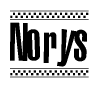 The image is a black and white clipart of the text Norys in a bold, italicized font. The text is bordered by a dotted line on the top and bottom, and there are checkered flags positioned at both ends of the text, usually associated with racing or finishing lines.