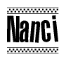The image contains the text Nanci in a bold, stylized font, with a checkered flag pattern bordering the top and bottom of the text.