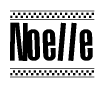 The image contains the text Noelle in a bold, stylized font, with a checkered flag pattern bordering the top and bottom of the text.