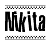 The image contains the text Nikita in a bold, stylized font, with a checkered flag pattern bordering the top and bottom of the text.