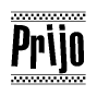 The clipart image displays the text Prijo in a bold, stylized font. It is enclosed in a rectangular border with a checkerboard pattern running below and above the text, similar to a finish line in racing. 