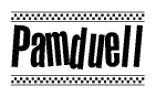The image contains the text Pamduell in a bold, stylized font, with a checkered flag pattern bordering the top and bottom of the text.