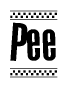 The image contains the text Pee in a bold, stylized font, with a checkered flag pattern bordering the top and bottom of the text.