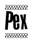 The clipart image displays the text Pex in a bold, stylized font. It is enclosed in a rectangular border with a checkerboard pattern running below and above the text, similar to a finish line in racing. 