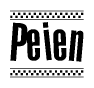 The image is a black and white clipart of the text Peien in a bold, italicized font. The text is bordered by a dotted line on the top and bottom, and there are checkered flags positioned at both ends of the text, usually associated with racing or finishing lines.