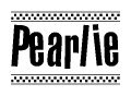 The image contains the text Pearlie in a bold, stylized font, with a checkered flag pattern bordering the top and bottom of the text.