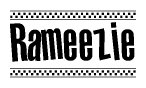 The clipart image displays the text Rameezie in a bold, stylized font. It is enclosed in a rectangular border with a checkerboard pattern running below and above the text, similar to a finish line in racing. 