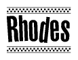 The clipart image displays the text Rhodes in a bold, stylized font. It is enclosed in a rectangular border with a checkerboard pattern running below and above the text, similar to a finish line in racing. 