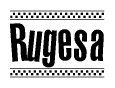 The clipart image displays the text Rugesa in a bold, stylized font. It is enclosed in a rectangular border with a checkerboard pattern running below and above the text, similar to a finish line in racing. 