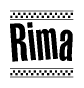 The image contains the text Rima in a bold, stylized font, with a checkered flag pattern bordering the top and bottom of the text.