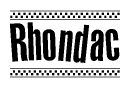 The image contains the text Rhondac in a bold, stylized font, with a checkered flag pattern bordering the top and bottom of the text.