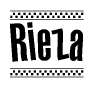 The clipart image displays the text Rieza in a bold, stylized font. It is enclosed in a rectangular border with a checkerboard pattern running below and above the text, similar to a finish line in racing. 