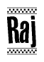 The clipart image displays the text Raj in a bold, stylized font. It is enclosed in a rectangular border with a checkerboard pattern running below and above the text, similar to a finish line in racing. 
