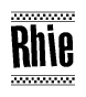 The image is a black and white clipart of the text Rhie in a bold, italicized font. The text is bordered by a dotted line on the top and bottom, and there are checkered flags positioned at both ends of the text, usually associated with racing or finishing lines.